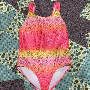 Girls' Pink Orange Gradient Mermaid-Scale One-Piece Swimsuit